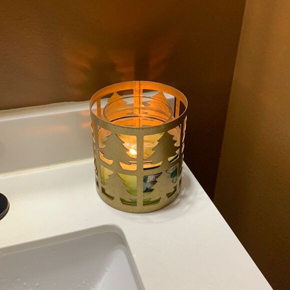 Gold Colored 3-Wick Metal Candle Holder with Trees - Picture 2 of 5